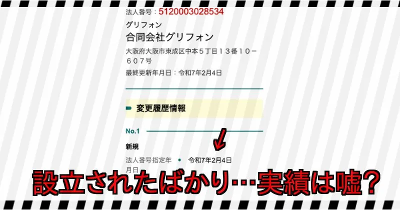 合同会社グリフォンは設立されたばかりなので実績は嘘の可能性が高い