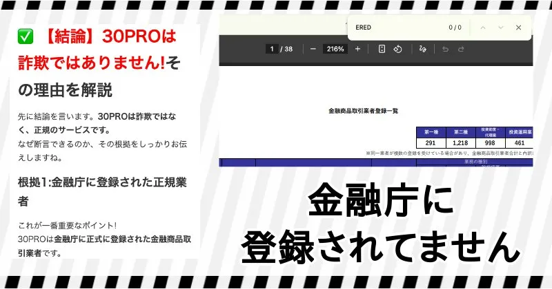 30PROの運営会社ERED co ltdはは金融庁に登録されてない