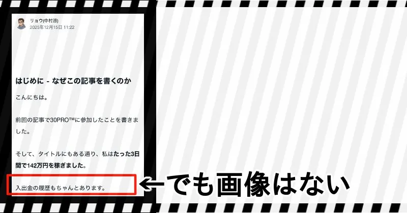 30PROのステマ記事に入出金の画像はない
