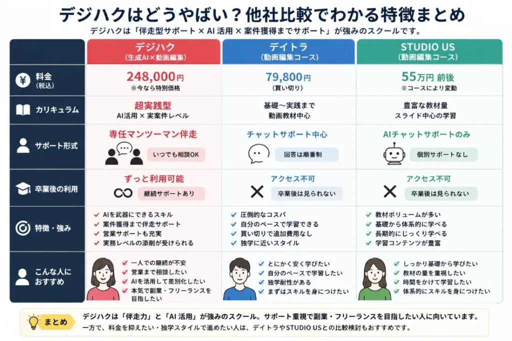 ※比較画像
デジハクは「伴走型サポート」や「案件獲得支援」を強みとしていることが分かります。一方で、価格帯は他スクールより高めになるケースもあるため、「価格」より「サポート重視」の人向きと言えそうです。