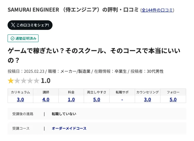 コエテコキャンパス SAMURAI ENGINEER 評判・口コミ詳細より