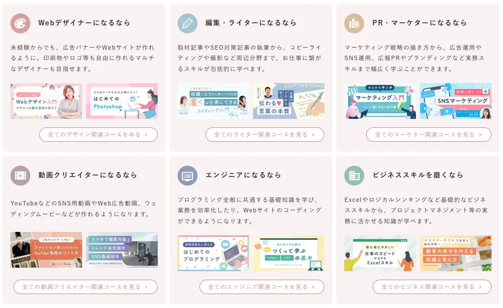 SHElikesではWebデザイン、ライティング、マーケティング、動画編集など幅広いコースが用意されています。複数スキルを試せる一方で、目的が曖昧なままだと学習範囲が広がりすぎる可能性もあります。