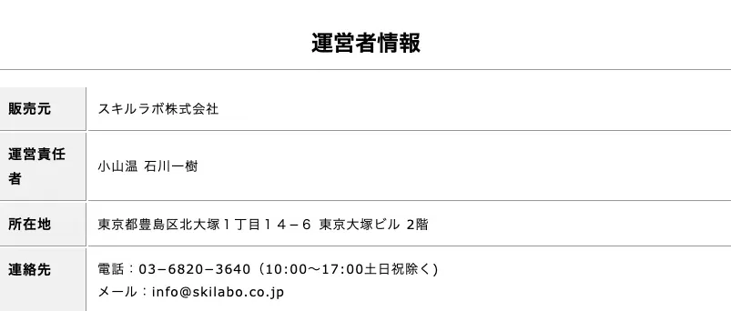 スキルラボ株式会社の海外向けオンライン秘書の特商法表記にある運営者情報