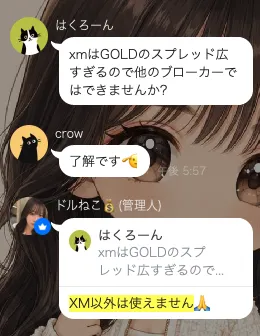 ドルねこがXM以外は使えないと回答しているLINE画面